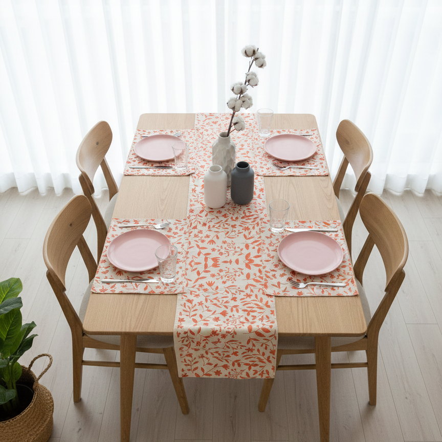 Tangerine Blossom Nebula Table Runner with Mats