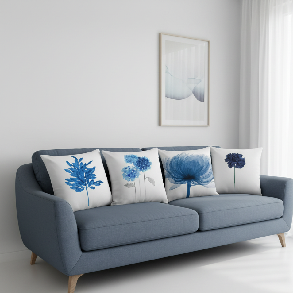 Blue Floral Pillow Cushion Covers pack of 4